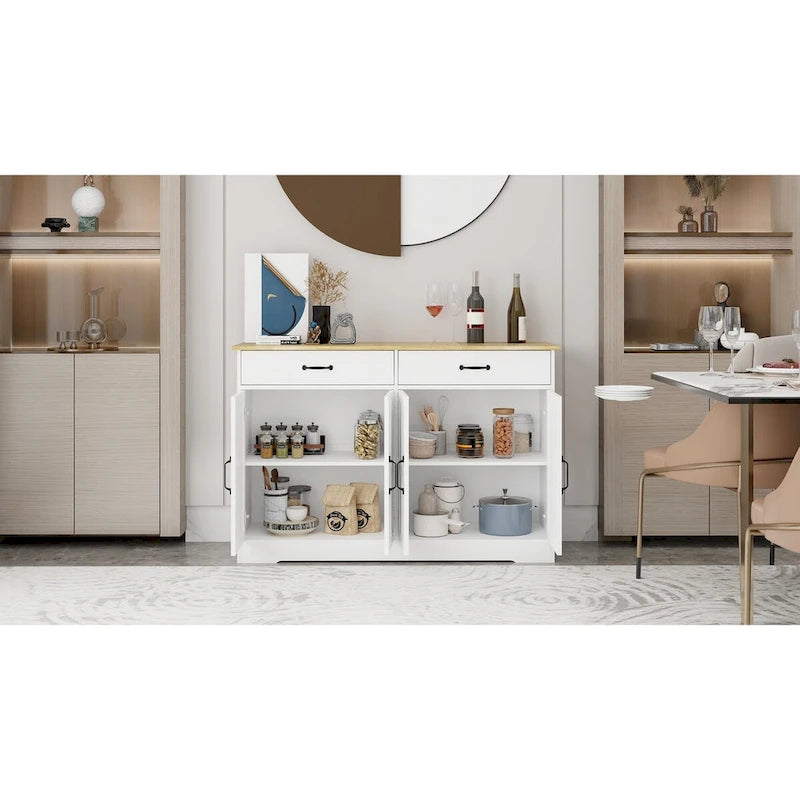 47.95 Farmhouse Buffet Cabinet Storage Sideboard with 2 Drawers and 4 Doors for Dining Living Room Kitchen Cupboard-White