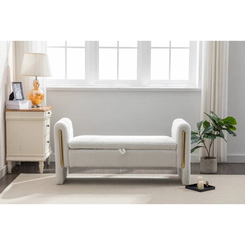 Teddy Fabric Storage Bench Bedroom Bench With Gold Metal Trim Strip For Living Room Bedroom Indoor