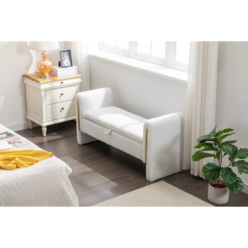 Teddy Fabric Storage Bench Bedroom Bench With Gold Metal Trim Strip For Living Room Bedroom Indoor
