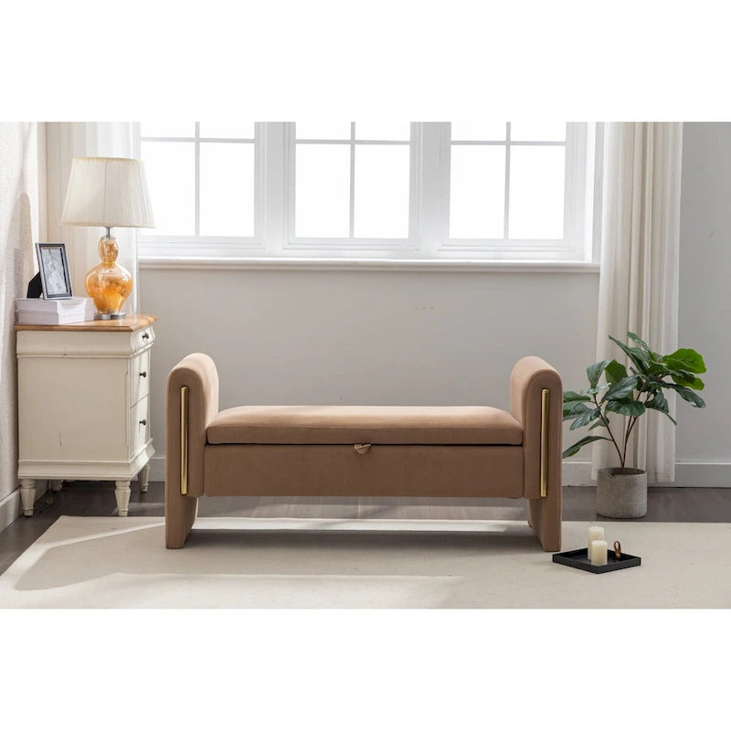 Teddy Fabric Storage Bench Bedroom Bench With Gold Metal Trim Strip For Living Room Bedroom Indoor