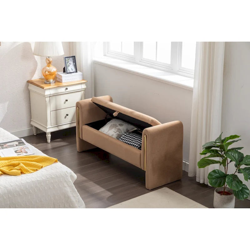 Teddy Fabric Storage Bench Bedroom Bench With Gold Metal Trim Strip For Living Room Bedroom Indoor