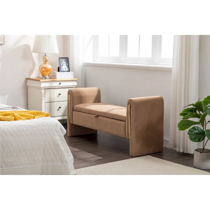 Teddy Fabric Storage Bench Bedroom Bench With Gold Metal Trim Strip For Living Room Bedroom Indoor