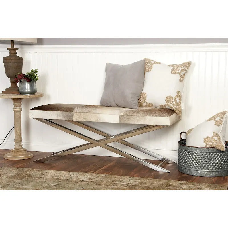 Faux Leather Bench or Stool with Silver X-Shaped Stainless Steel Base, Beige or Gray