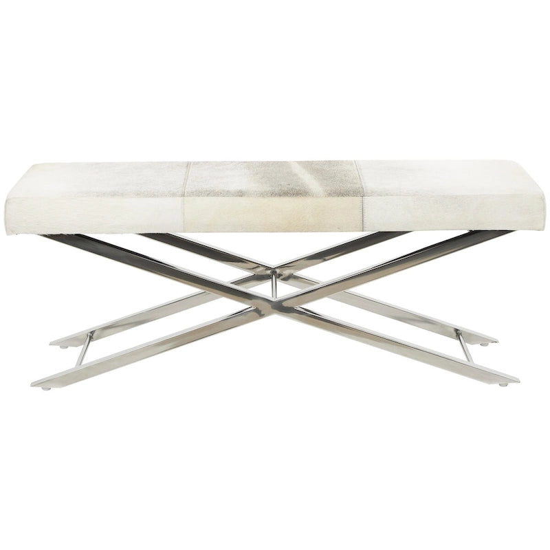 Faux Leather Bench or Stool with Silver X-Shaped Stainless Steel Base, Beige or Gray