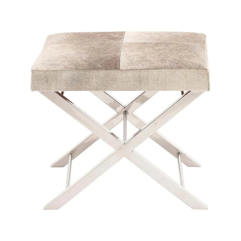 Faux Leather Bench or Stool with Silver X-Shaped Stainless Steel Base, Beige or Gray