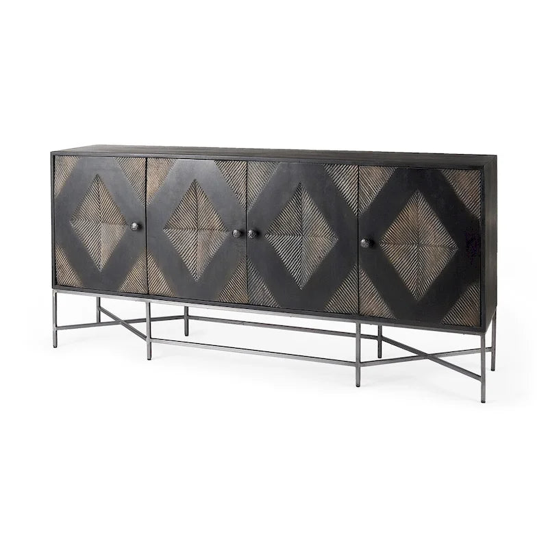 Two-Tone Brown Solid Wood Base Silver Frame 4-Cabinet Sideboard