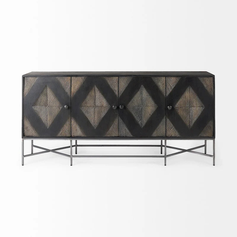 Two-Tone Brown Solid Wood Base Silver Frame 4-Cabinet Sideboard