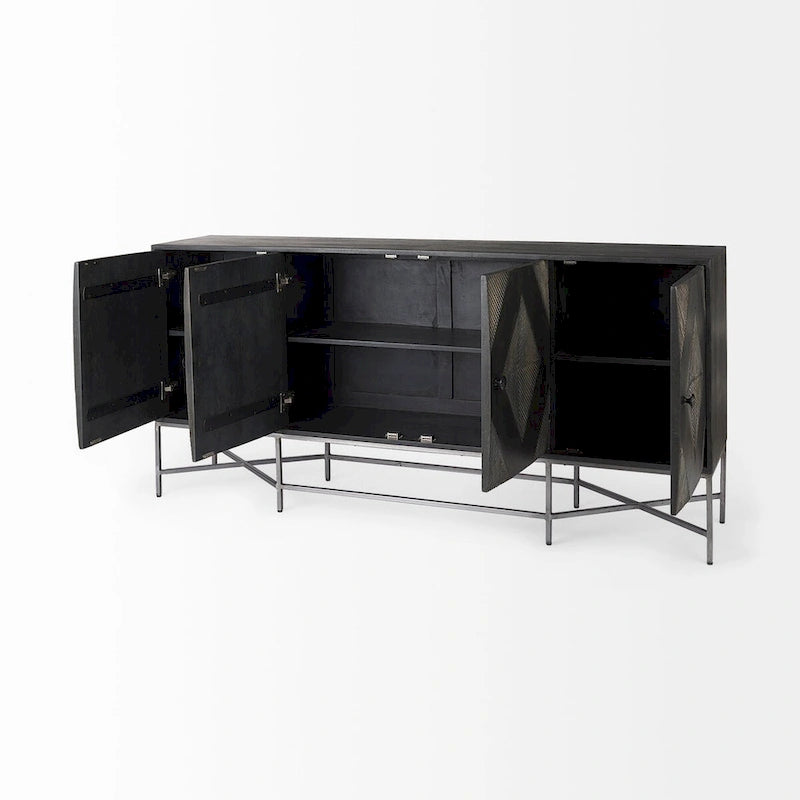 Two-Tone Brown Solid Wood Base Silver Frame 4-Cabinet Sideboard