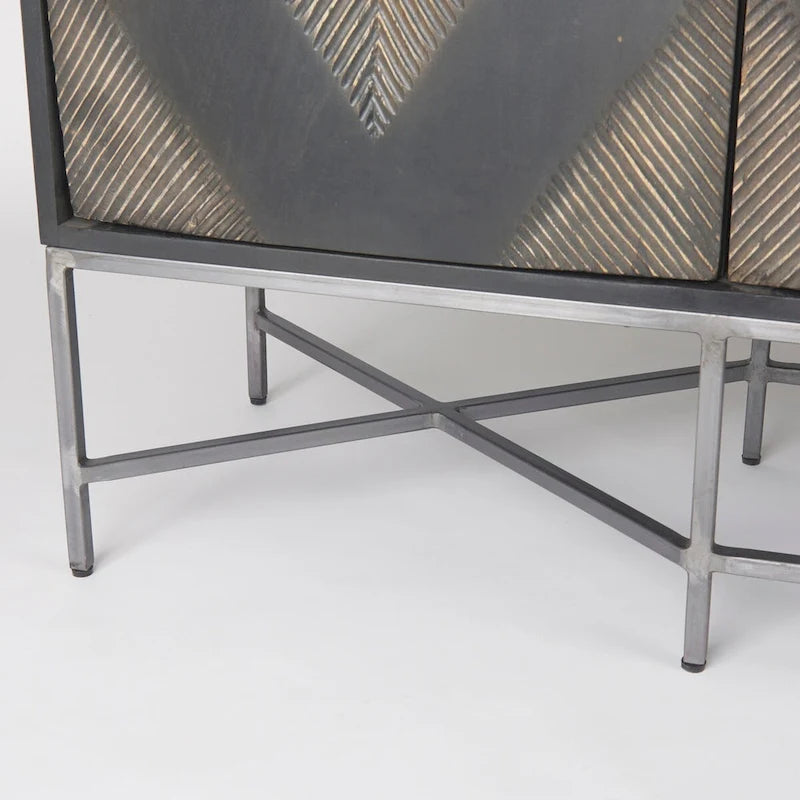 Two-Tone Brown Solid Wood Base Silver Frame 4-Cabinet Sideboard