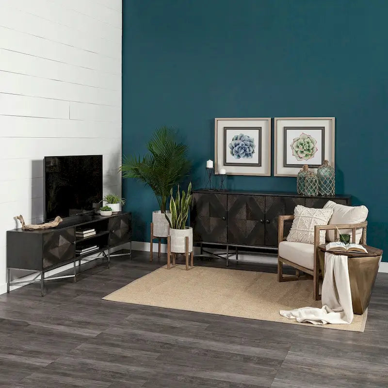 Two-Tone Brown Solid Wood Base Silver Frame 4-Cabinet Sideboard