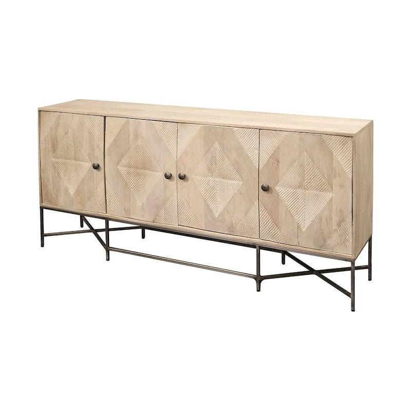 Two-Tone Brown Solid Wood Base Silver Frame 4-Cabinet Sideboard