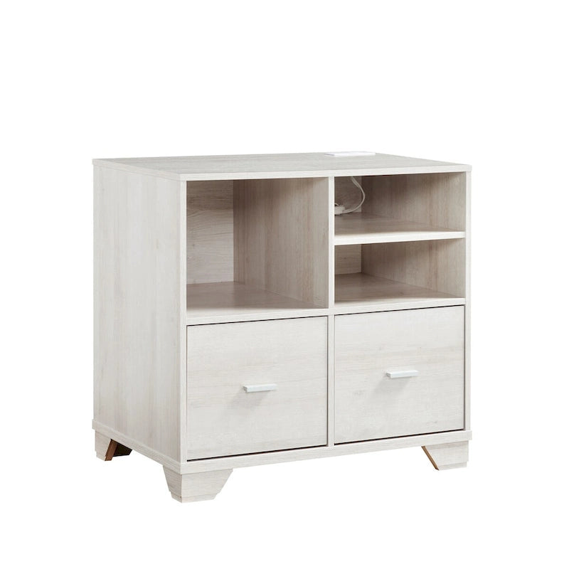 Home Office Printer Stand with Two File Cabinets and Open Shelving in White Oak