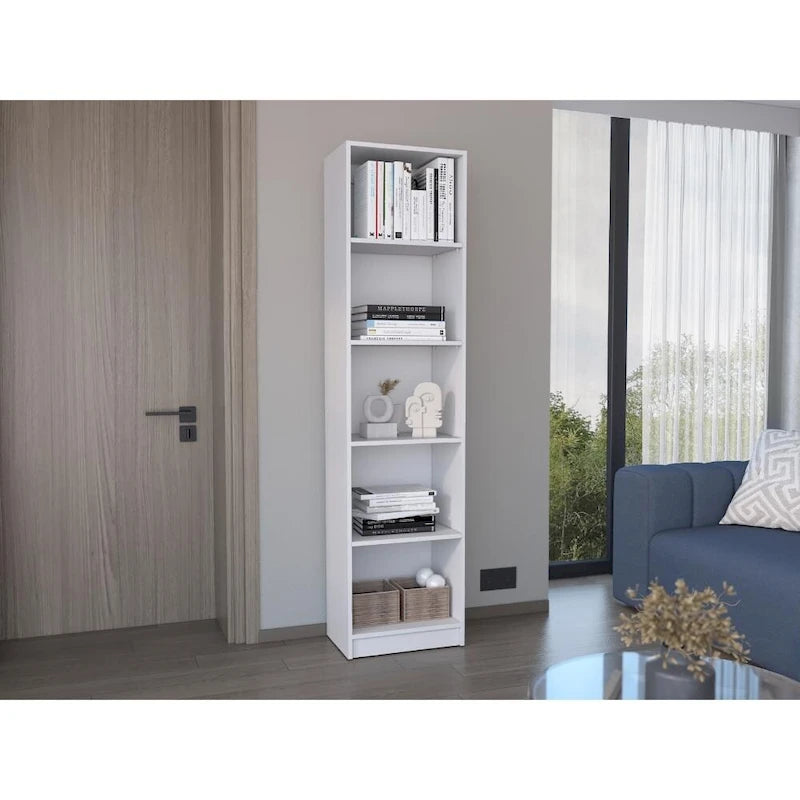 Slim 5-Tier Bookcase with Narrow Design, White