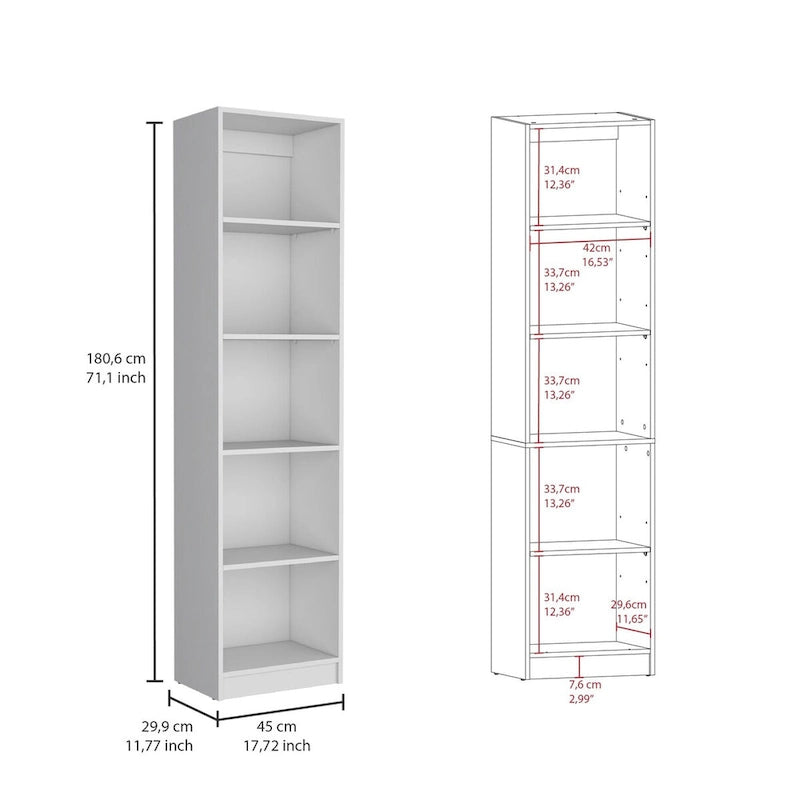 Slim 5-Tier Bookcase with Narrow Design, White