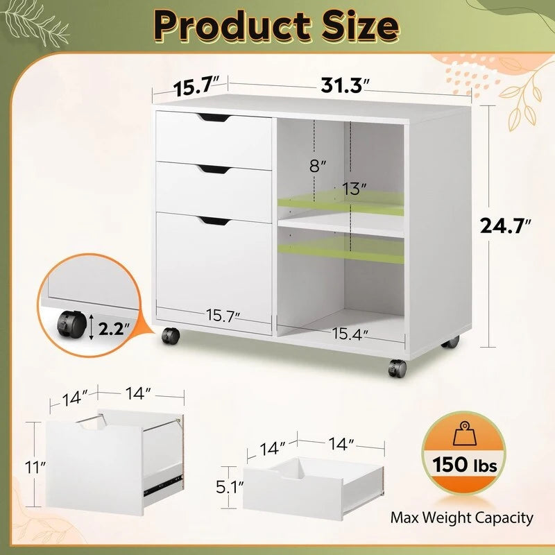 Wood File Cabinet, Mobile Lateral Filing Cabinet - 15.7D x 31.3W x 24.7H