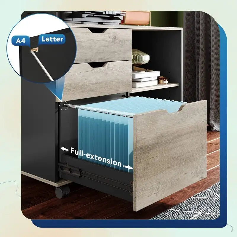 Wood File Cabinet, Mobile Lateral Filing Cabinet - 15.7D x 31.3W x 24.7H