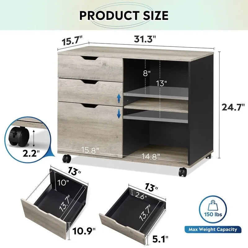 Wood File Cabinet, Mobile Lateral Filing Cabinet - 15.7D x 31.3W x 24.7H