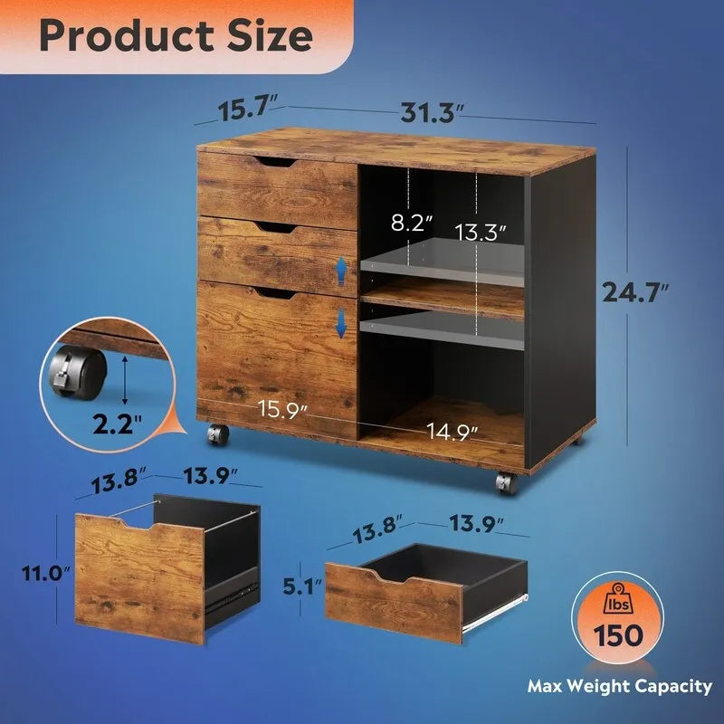 Wood File Cabinet, Mobile Lateral Filing Cabinet - 15.7D x 31.3W x 24.7H