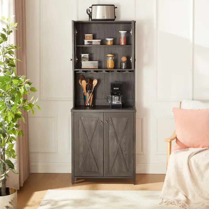 Coffee Bar Cabinet with Microwave Stand, Metal Frame and Barn-Style Wood Design
