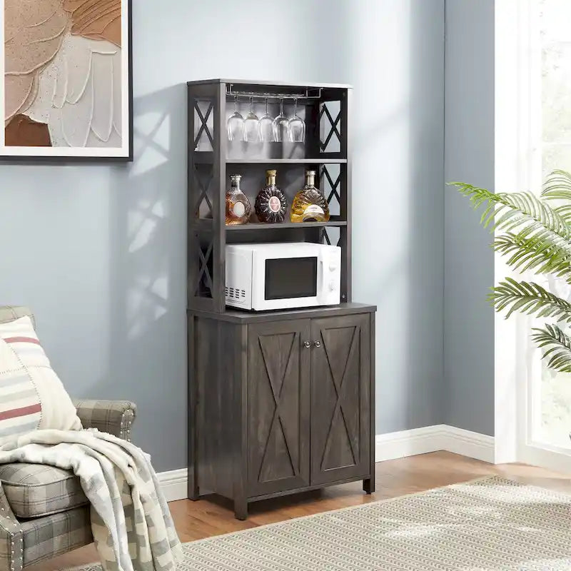 Coffee Bar Cabinet with Microwave Stand, Metal Frame and Barn-Style Wood Design