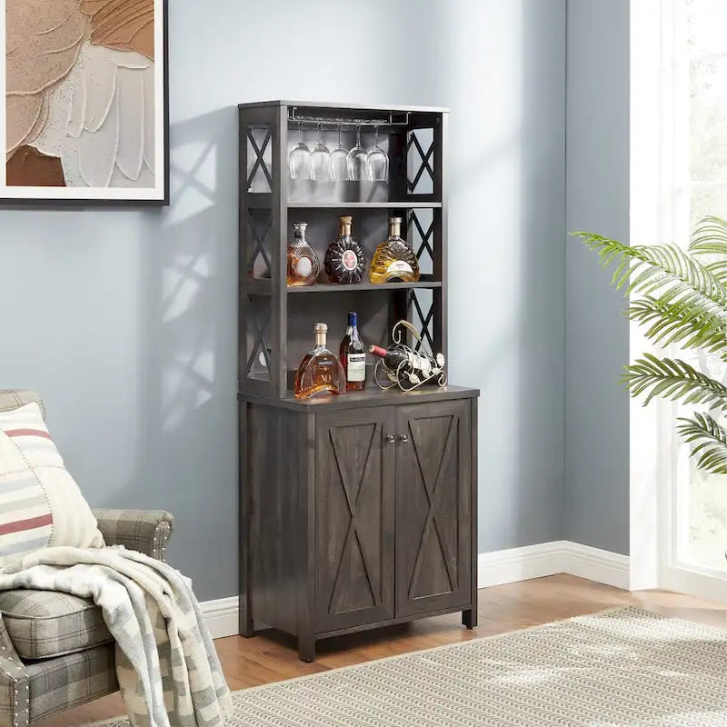 Coffee Bar Cabinet with Microwave Stand, Metal Frame and Barn-Style Wood Design