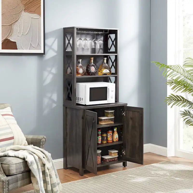 Coffee Bar Cabinet with Microwave Stand, Metal Frame and Barn-Style Wood Design