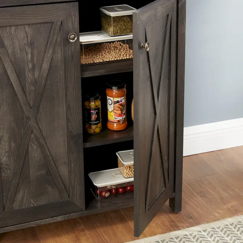 Coffee Bar Cabinet with Microwave Stand, Metal Frame and Barn-Style Wood Design