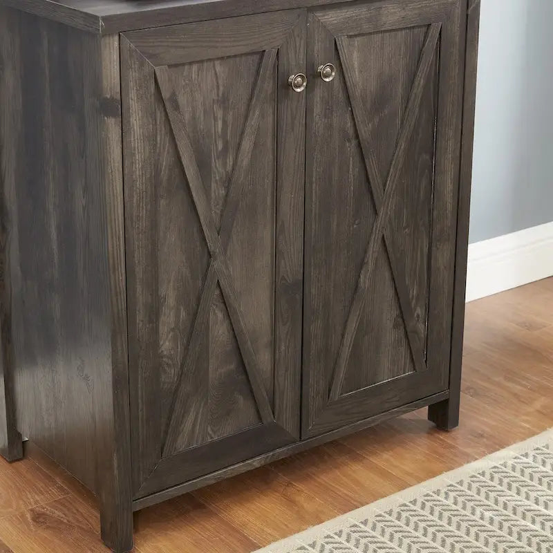 Coffee Bar Cabinet with Microwave Stand, Metal Frame and Barn-Style Wood Design