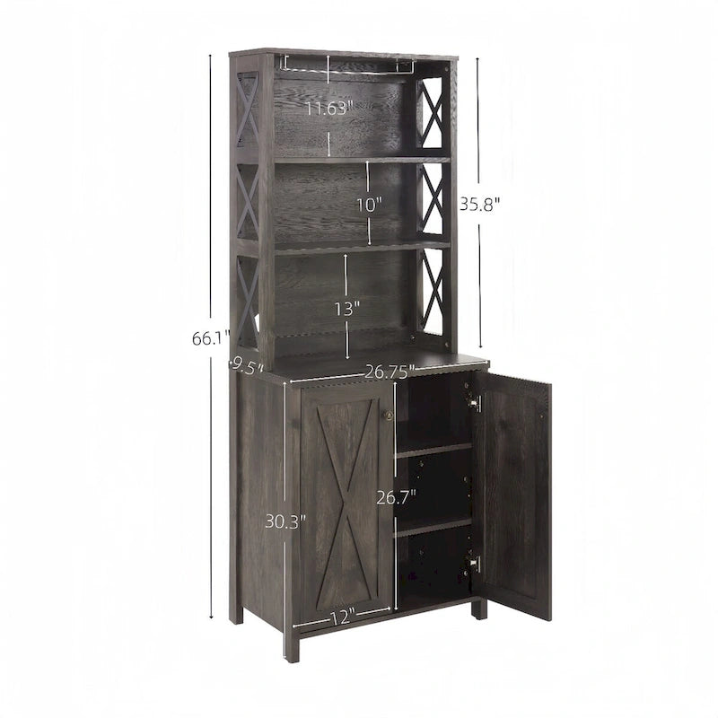 Coffee Bar Cabinet with Microwave Stand, Metal Frame and Barn-Style Wood Design