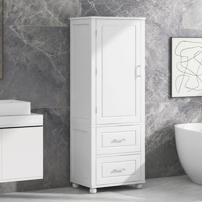 Tall Bathroom Storage Cabinet with Two Drawers and Adjustable Shelf