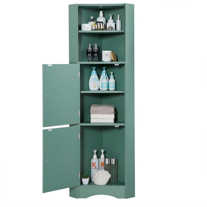 Hoher Badezimmer-Eckschrank, freistehender Aufbewahrungsschrank mit Türen und höhenverstellbaren Einlegeböden, MDF-Platte, Grün
