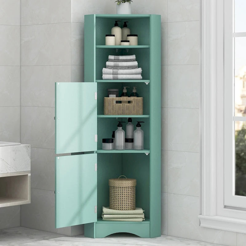 Hoher Badezimmer-Eckschrank, freistehender Aufbewahrungsschrank mit Türen und höhenverstellbaren Einlegeböden, MDF-Platte, Grün