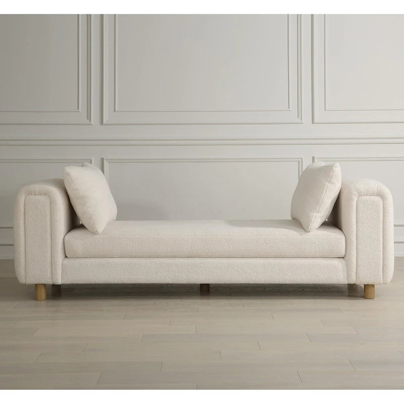 Oversized Ivory Faux Sheepskin Bench with Oak Legs, 90.5W