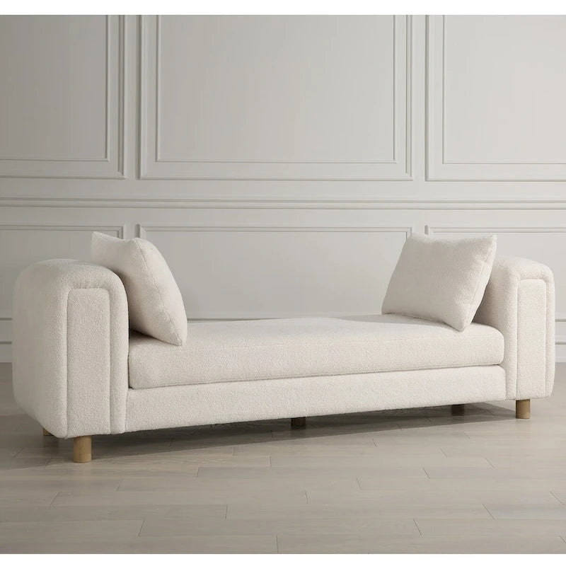 Oversized Ivory Faux Sheepskin Bench with Oak Legs, 90.5W