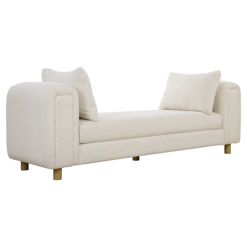 Oversized Ivory Faux Sheepskin Bench with Oak Legs, 90.5W