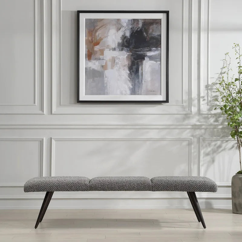 Charcoal Boucle Fabric Bench with Bronze Metal Legs, 72.5W