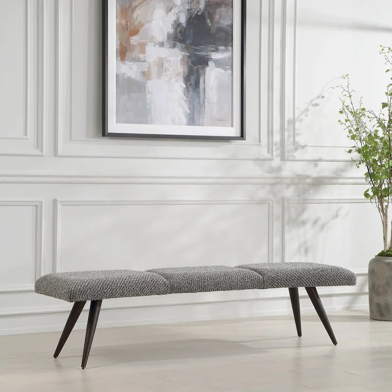 Charcoal Boucle Fabric Bench with Bronze Metal Legs, 72.5W