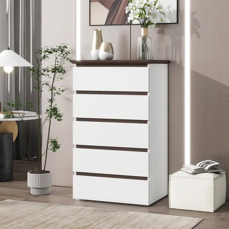 Tall White Dresser for Bedroom, Mid Century Modern Dresser with Drawers, 5 Drawer Dresser with Wood Color Top, Small Dresser