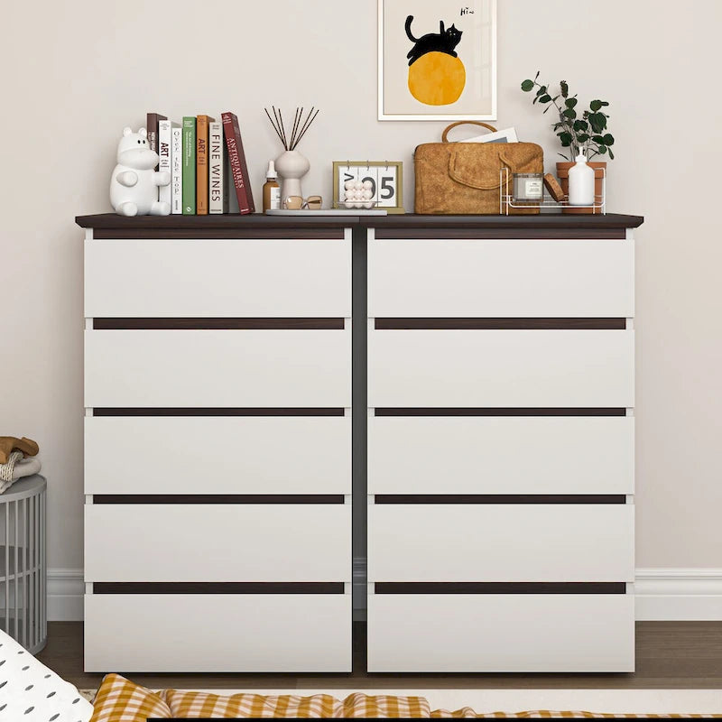 Tall White Dresser for Bedroom, Mid Century Modern Dresser with Drawers, 5 Drawer Dresser with Wood Color Top, Small Dresser